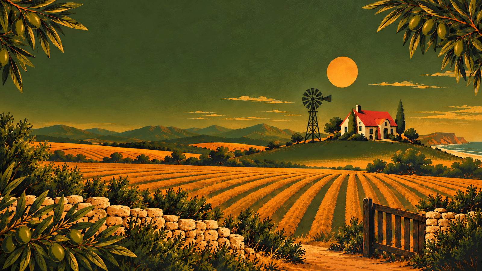 Ilustración del paisaje de La Chacra, con casa argentina y molino