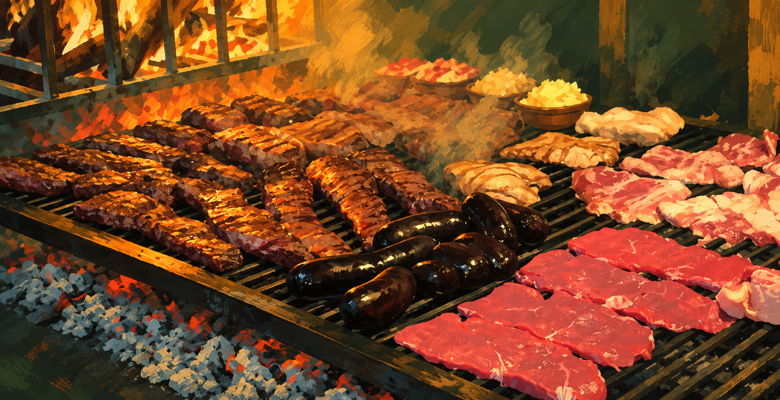 Ilustración de las carnes en la parrilla de La Chacra